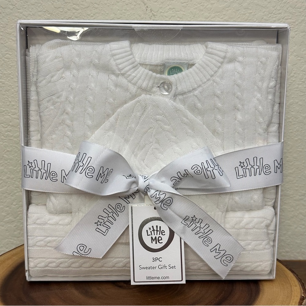 Nwt- Little Me White Cable Knit 3PC Sweater Gift Set Size 9 Months
